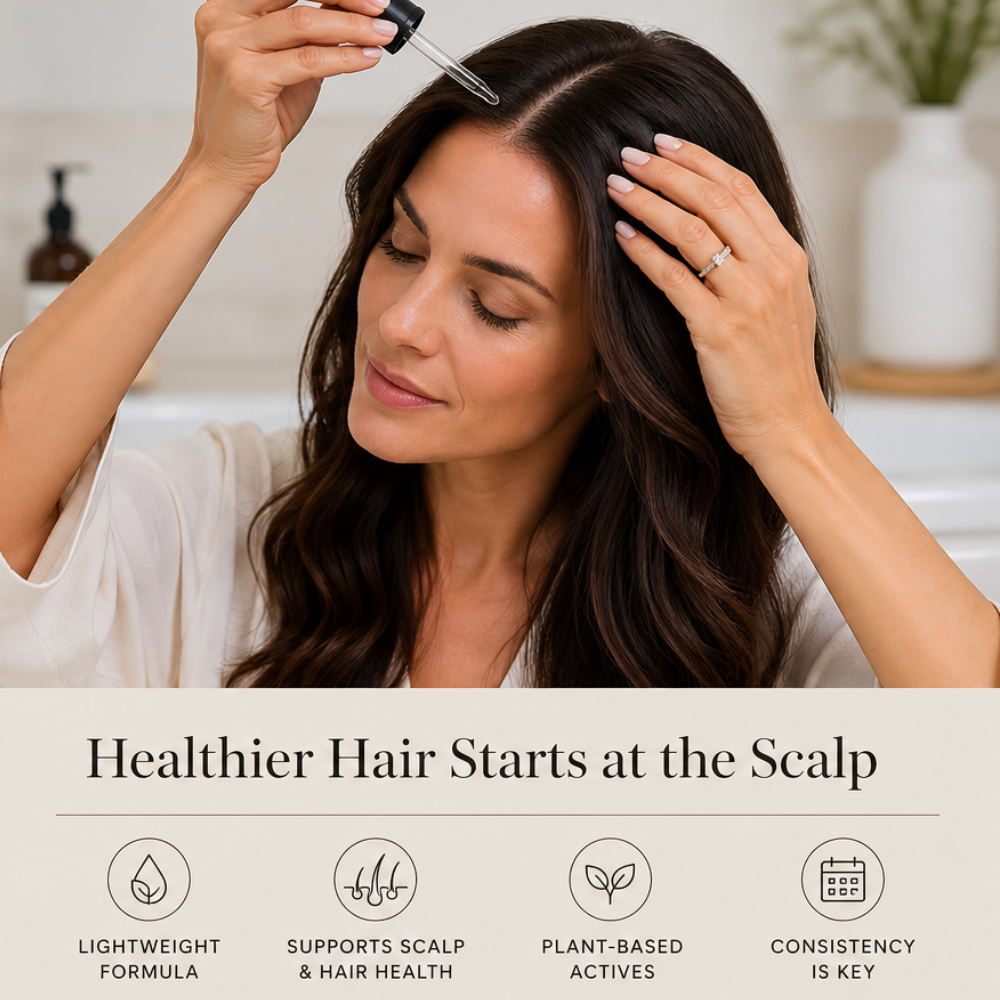 Masofta Hair Growth Serum bottle on neutral background with natural elements, showcasing lightweight scalp care product for thinning hair