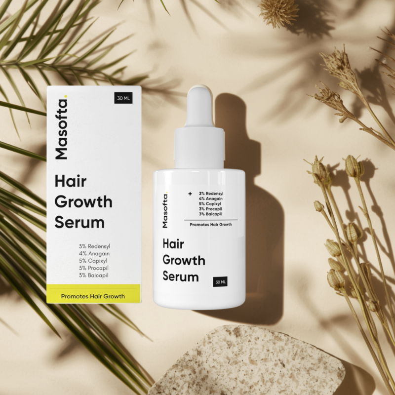 Masofta Hair Growth Serum bottle on neutral background with natural elements, showcasing lightweight scalp care product for thinning hair