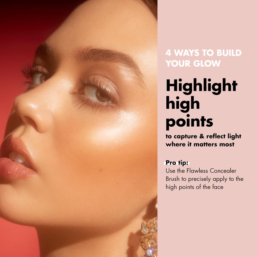 Makeup tutorial graphic showing highlighted cheekbones and tips for applying highlighter to enhance a dewy glow