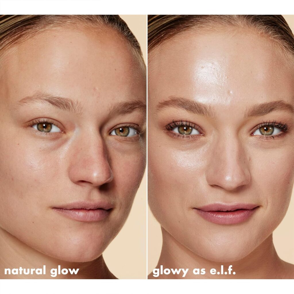 Before and after makeup comparison showing natural skin versus dewy glow finish