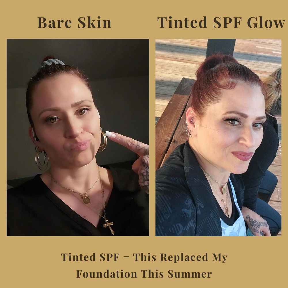 before and after using tinted SPF showing natural skin and lightweight glowing everyday makeup result
