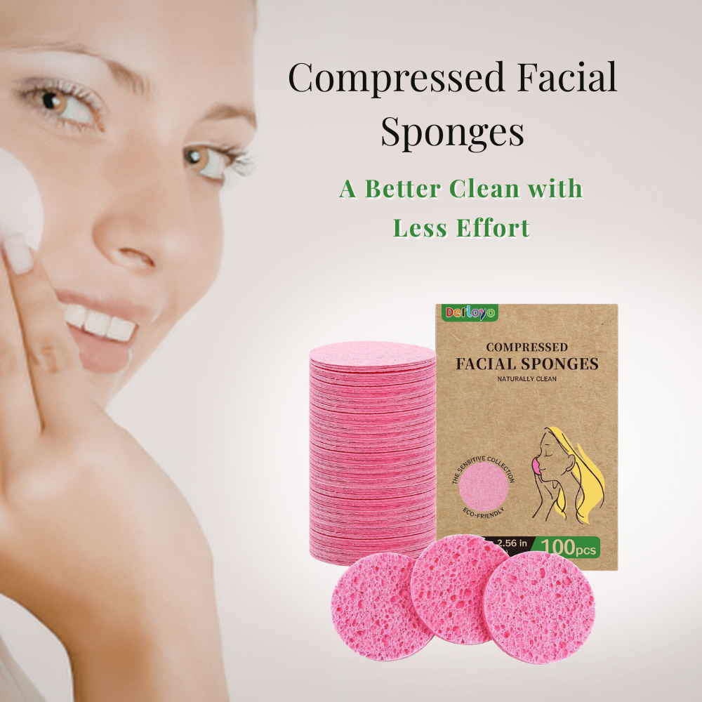 Compressed facial sponges for cleansing and exfoliating with reusable pink sponge pads