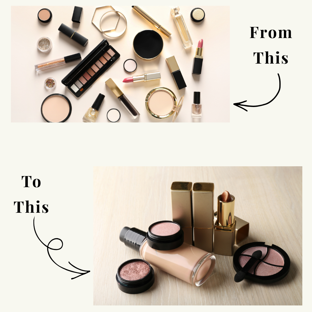 before and after makeup routine showing cluttered products vs minimal streamlined essentials
