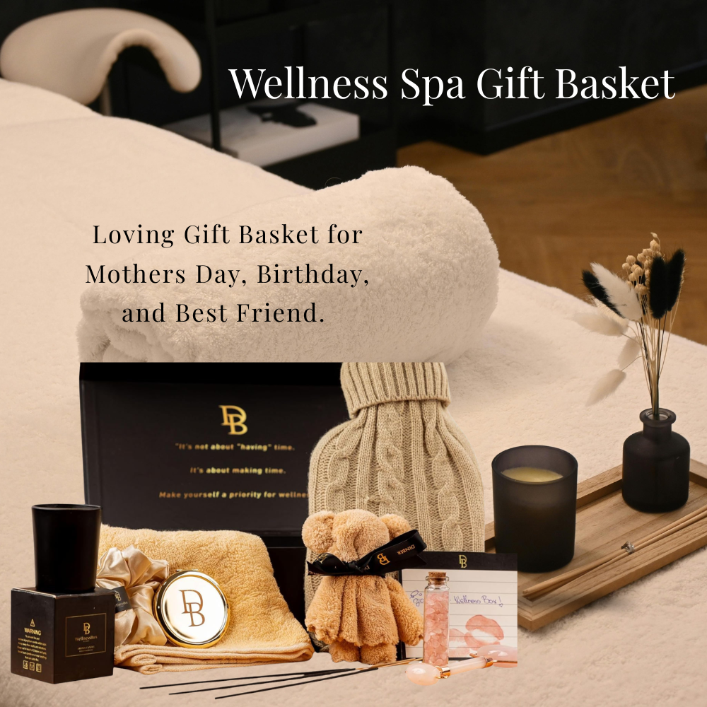 Luxury self care spa gift basket with candle, towel, and relaxation essentials arranged on a tray