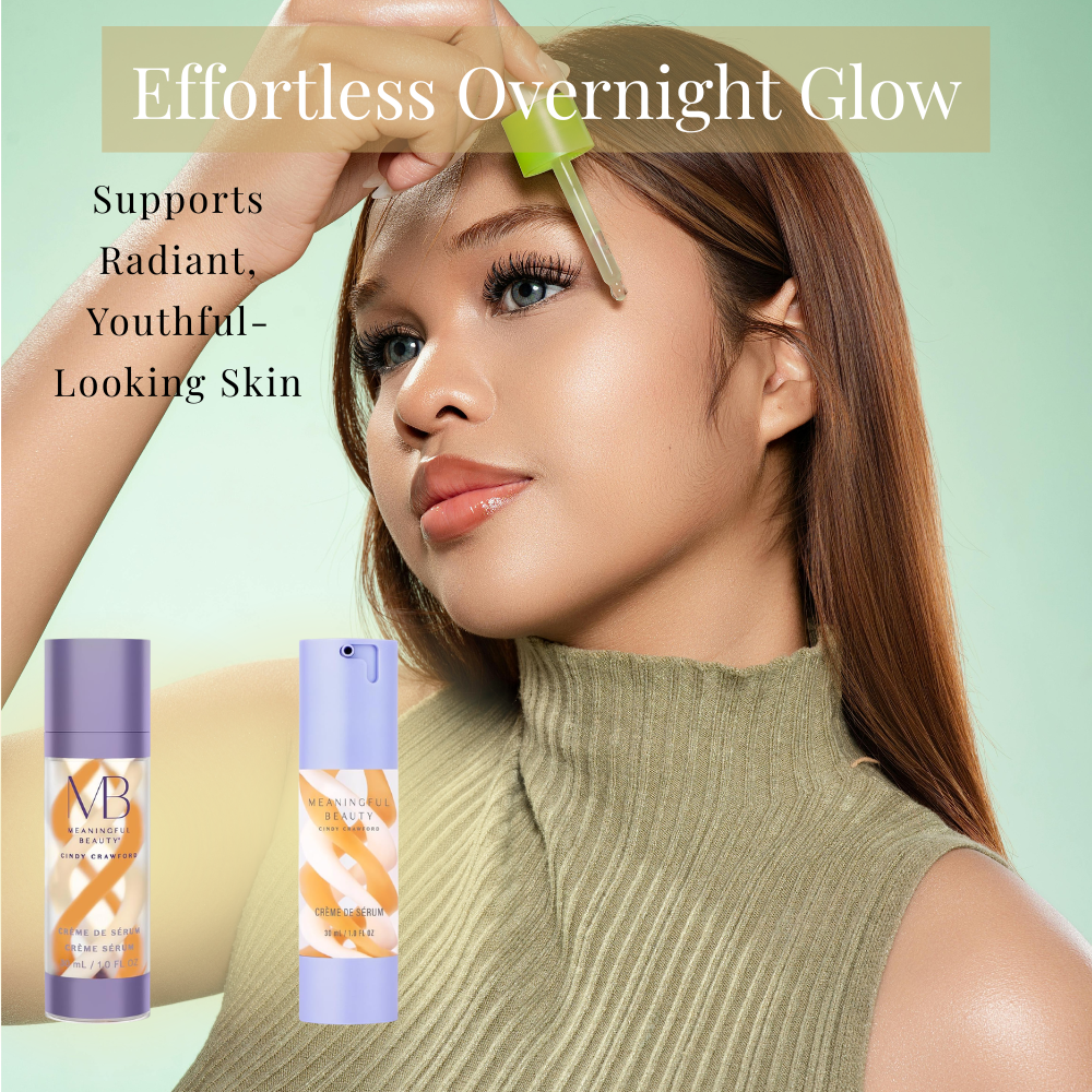 Woman applying anti-aging serum for radiant skin with Meaningful Beauty skincare products