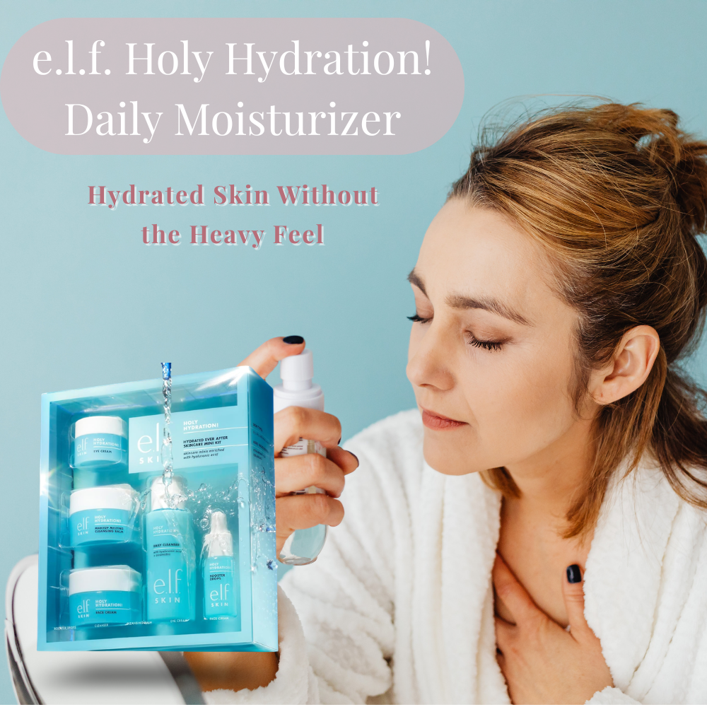 Woman holding e.l.f. Holy Hydration skincare set for daily moisturizing routine