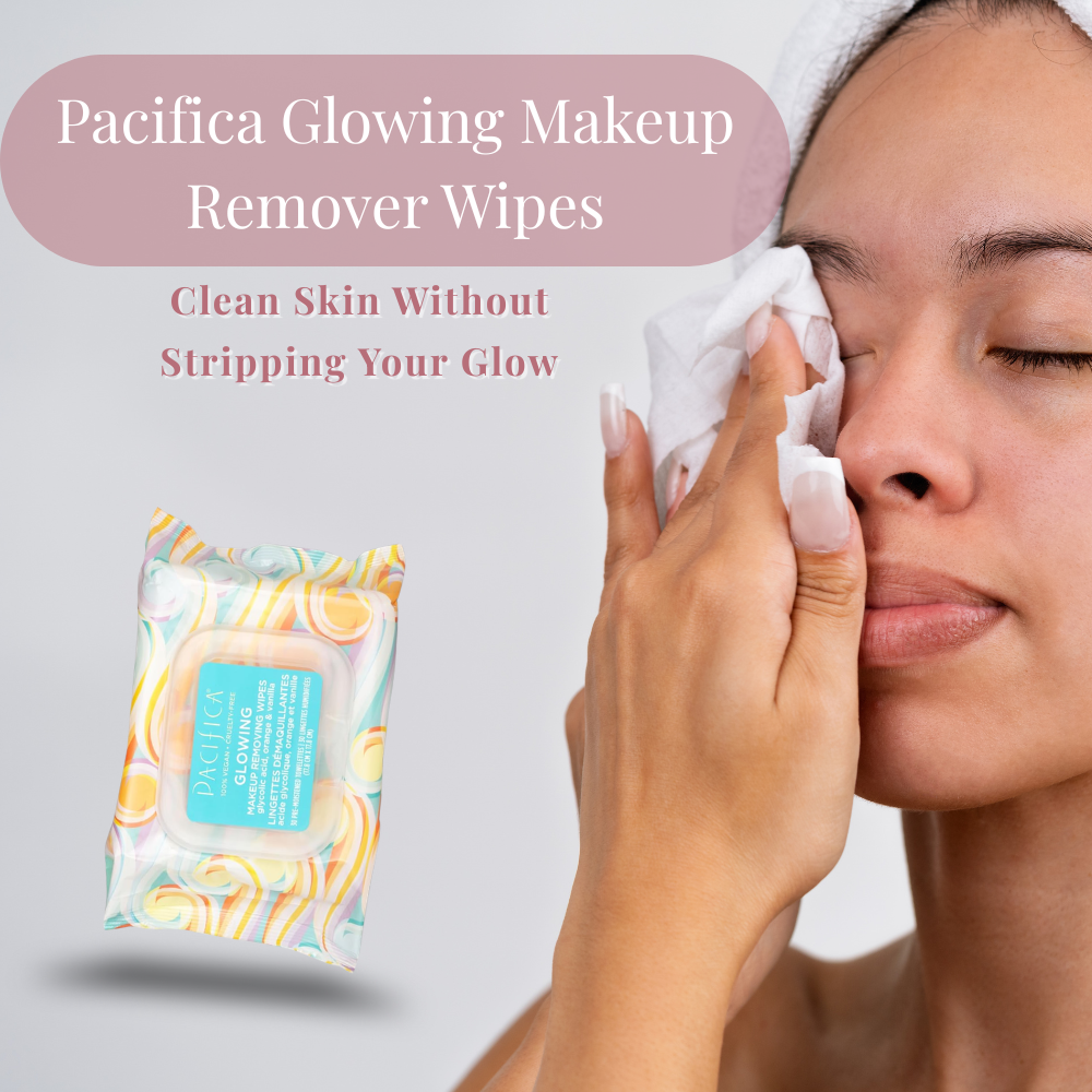 Woman removing makeup with Pacifica cleansing wipes for gentle, no-rinse skincare