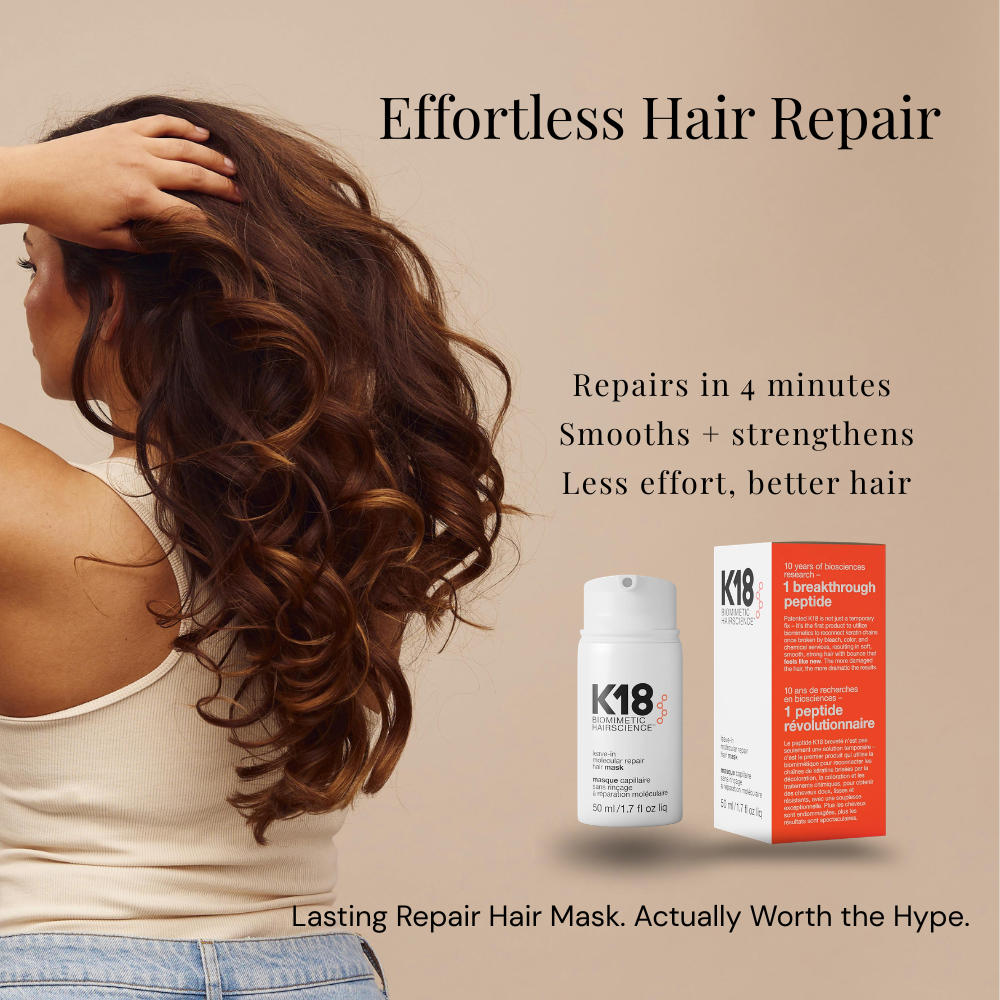 Woman with long wavy hair using K18 leave-in repair hair mask for smooth, healthy-looking hair