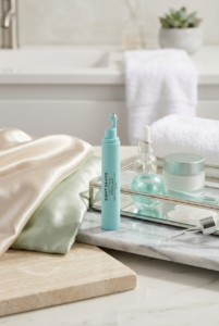 Luxury under-eye skincare setup featuring Eight Saints eye serum, facial tools, and clean beauty products on a marble vanity with silk fabric accents.