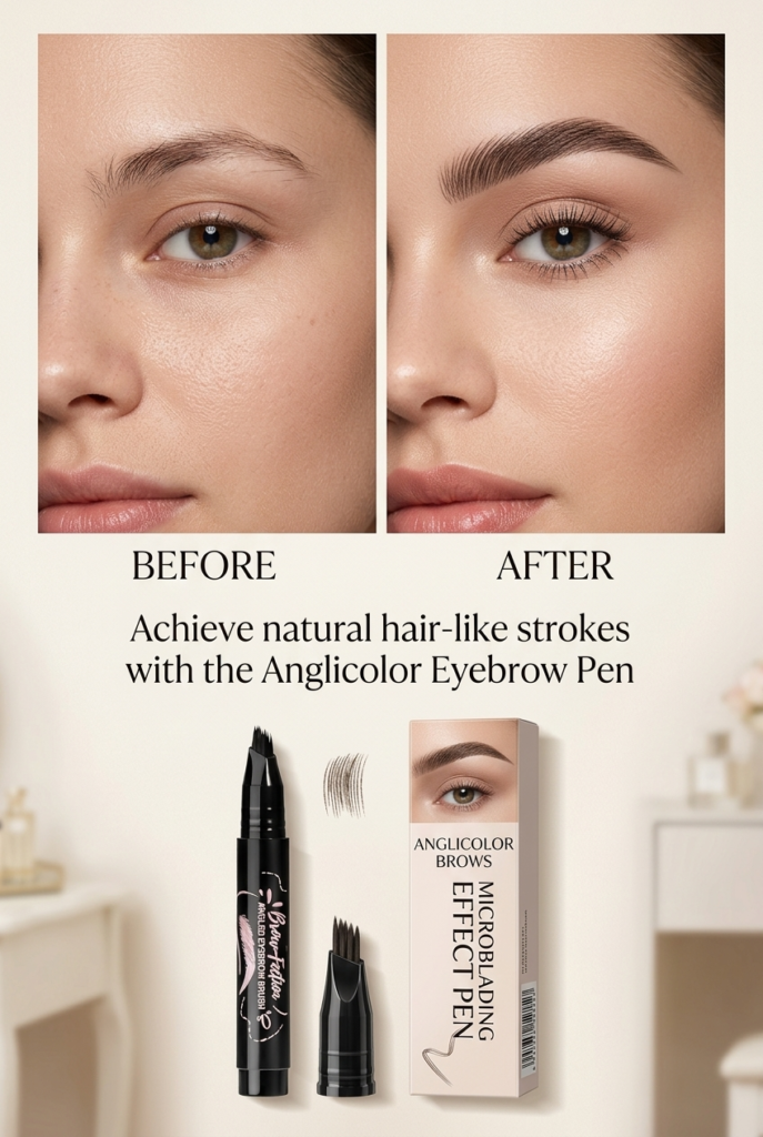 Beauty editorial featuring Anglicolor microblading brow pen for realistic hair-like strokes and soft glam eyebrow definition.