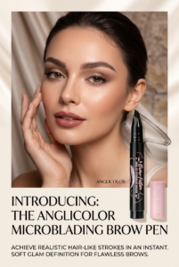 Model with flawless soft glam makeup showcasing Anglicolor Microblading Brow Pen for natural-looking, hair-like eyebrow strokes and defined brows.