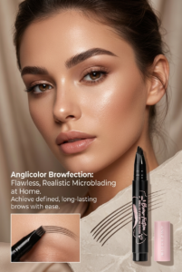 Woman with soft glam makeup using Anglicolor Browfection microblading eyebrow pen for natural-looking defined brows and realistic hair-stroke detail.