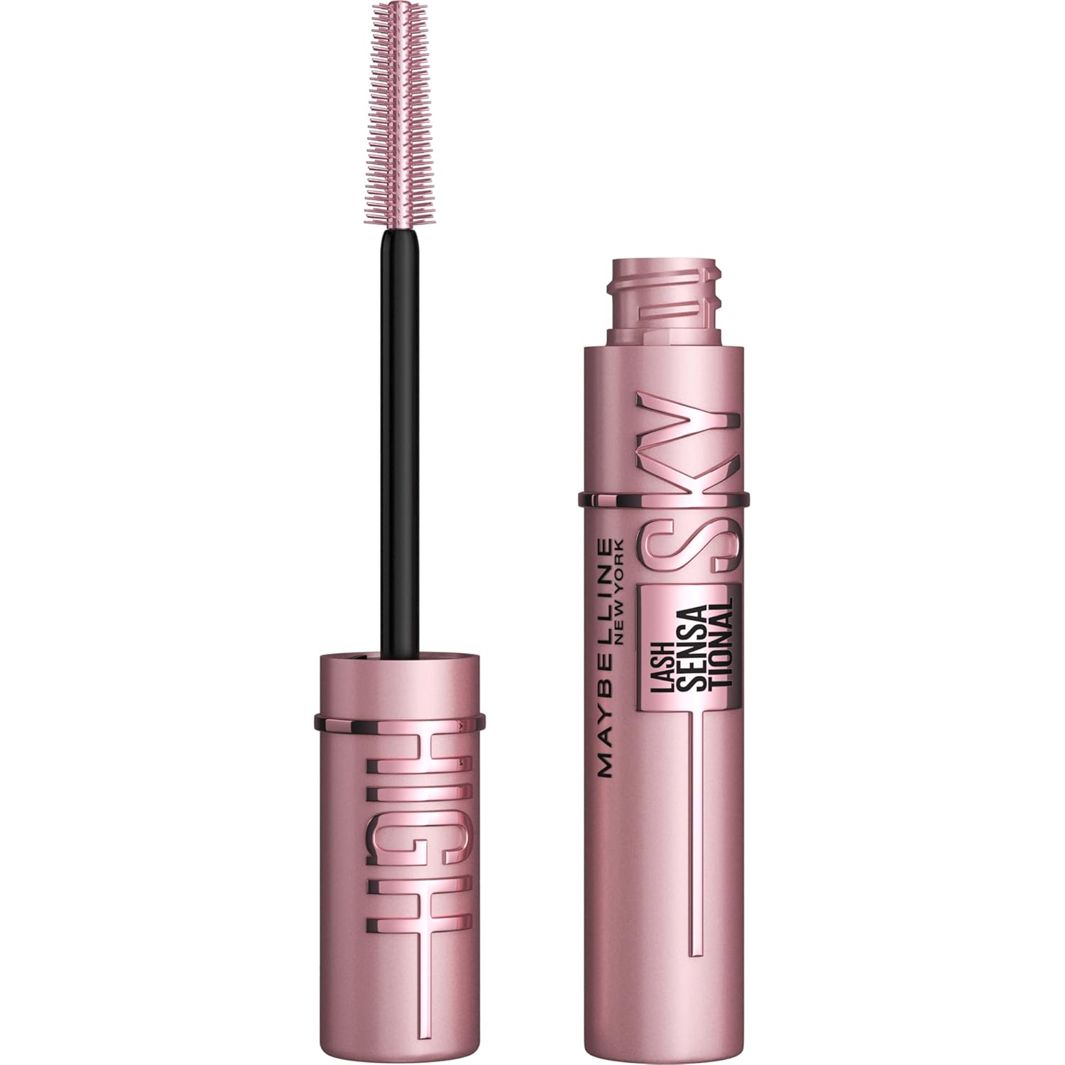 Pink Maybelline Sky High mascara with wand and tube shown against a white background