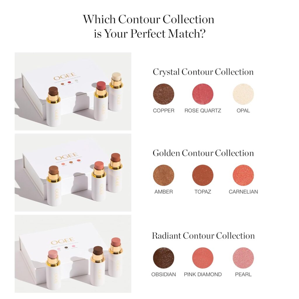 Ogee contour collection with cream contour, blush, and highlight shades for sculpted makeup look