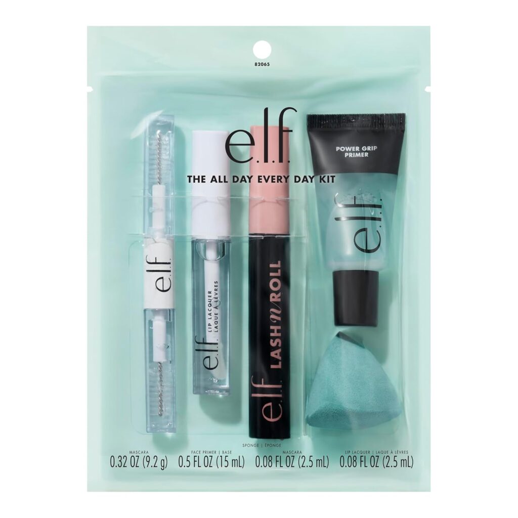 e.l.f. everyday makeup kit with mascara, lip gloss, and primer for quick beauty routine
