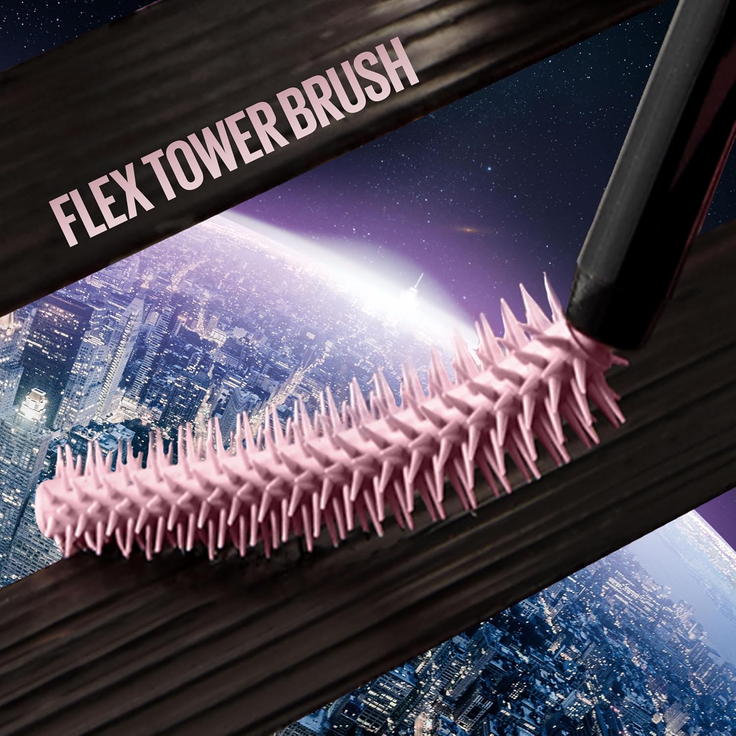 Close-up of Maybelline Sky High mascara flex tower brush with pink bristles designed to lengthen and separate lashes