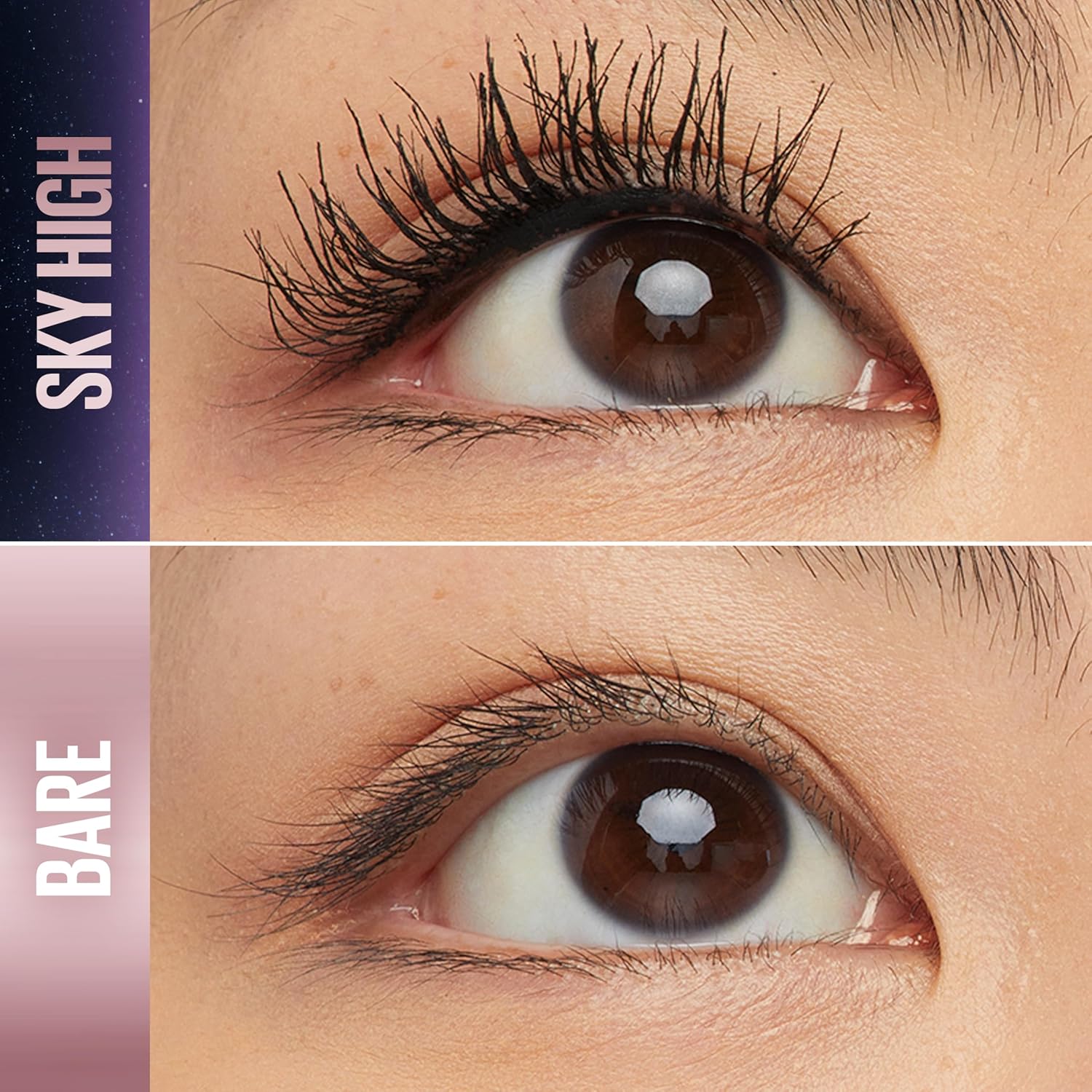 Close-up comparison of eyelashes before and after using Maybelline Sky High mascara, showing fuller, longer lashes versus bare lashes
