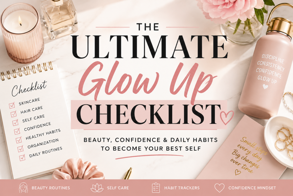Feminine flat lay workspace featuring “The Ultimate Glow Up Checklist” with beauty products, a candle, flowers, a checklist notebook, and soft pink luxury aesthetics.