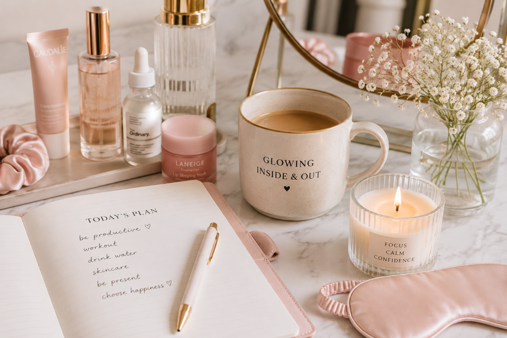 The Must-Have Ultimate Glow-Up Checklist Soft feminine morning routine aesthetic featuring skincare products, coffee, a glowing candle, a journal, flowers, and a clean vanity setup in blush pink and gold tones.