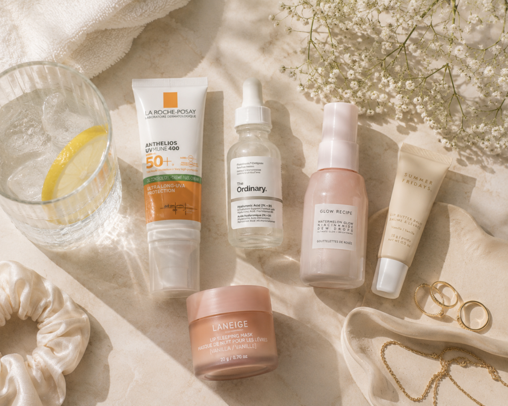 The Must-Have Ultimate Glow-Up Checklist Clean skincare flat lay featuring sunscreen, hydrating serums, lip care products, lemon water, and soft neutral beauty aesthetics in warm natural lighting.