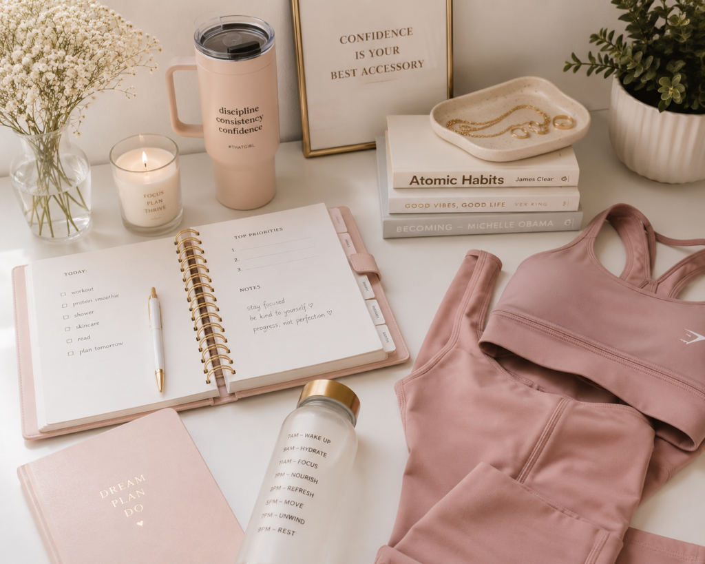 The Must-Have Ultimate Glow-Up Checklist Organized feminine desk setup with a blush pink workout set, planner, motivational books, candle, water bottle, and elevated “that girl” lifestyle aesthetic.