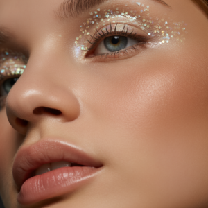 A luminous shimmer lid sparkling under the light, paired with a smooth, matte nude lip that keeps the focus exactly where it belongs.