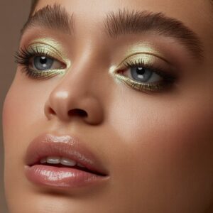 A halo eye glowing at the center of the lid, surrounded by deeper tones, paired with a glossy lip that reflects light and enhances the dimensional effect.