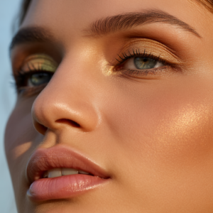 Golden bronze shimmer melting across the eyelids, catching warm light, paired with a peachy nude lip that gives a fresh, sun-kissed glow.