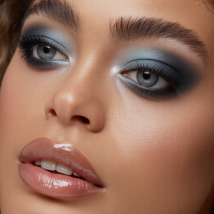 deep, sultry smoky eye fading from charcoal to soft gray, paired with a high-shine nude gloss that reflects the light and keeps the whole look balanced and wearable.