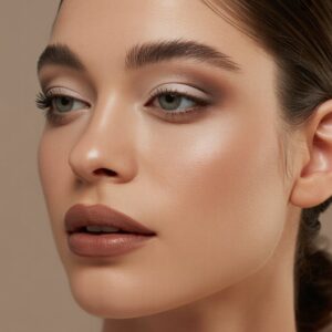 Soft neutral eyeshadow sculpting the eyes naturally, paired with a defined brown lip that adds depth and sophistication.