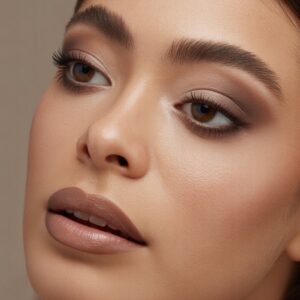 Soft brown eyeshadow enhancing the natural shape of the eyes, paired with a defined nude lip outlined in brown for a sculpted, effortless finish.