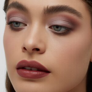A fully matte look with soft, diffused eyeshadow and a velvety matte lip that creates a striking, editorial-style finish.
