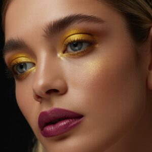 Rich gold shimmer lighting up the eyes, paired with a deep berry lip that adds drama and contrast for a bold, elegant look.