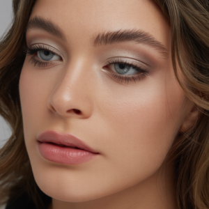 Barely-there eyeshadow enhancing the natural eye shape, paired with a soft mauve lip that adds just enough color to feel polished and refined.