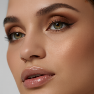 A velvety matte brown eye look with soft definition, contrasted by a glassy, reflective lip that adds movement and shine.