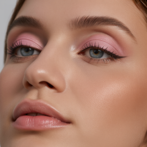 Soft pink shadows diffused across the lids, paired with a natural rosy lip that enhances the face with a fresh, delicate glow.