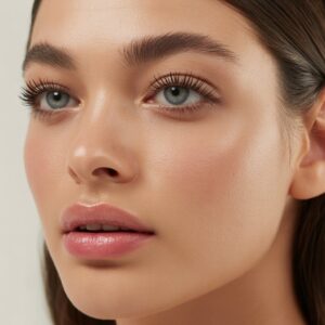 Bare lashes with a touch of mascara, clean skin, and a glossy pink lip that instantly brightens and lifts the entire face.