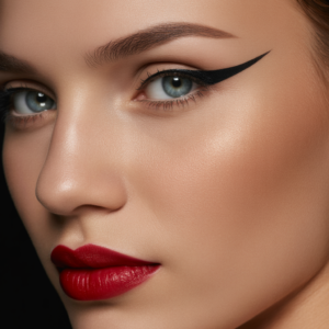 A crisp black wing slicing cleanly across the lid, paired with a bold, rich red lip that instantly commands attention against smooth, glowing skin.
