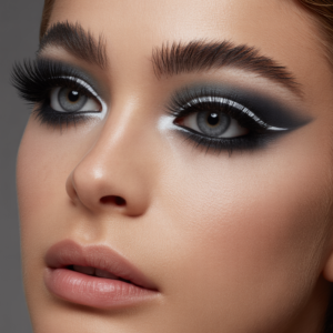 A dramatic eye look with intense pigment and sharp detail, paired with barely-there lips that let the eyes take full control of the look.