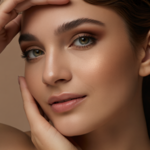 A softly lit vanity mirror reflecting warm brown eyeshadow blended seamlessly into the crease, a subtle shimmer catching the light on the lid, and a smooth nude lip tying everything together effortlessly.
