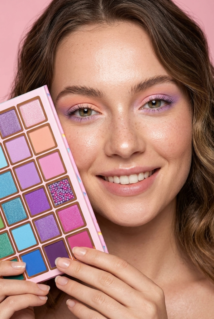Woman holding the Cloudy With a Chance of Sprinkles palette while wearing a soft pastel eye makeup look that demonstrates beginner-friendly colorful makeup.