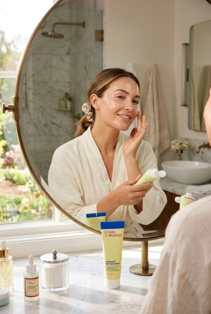 Woman applying Good Molecules Lightweight Daily Moisturizer in front of a bathroom mirror, hydrating and nourishing her skin for a healthy, glowing complexion.