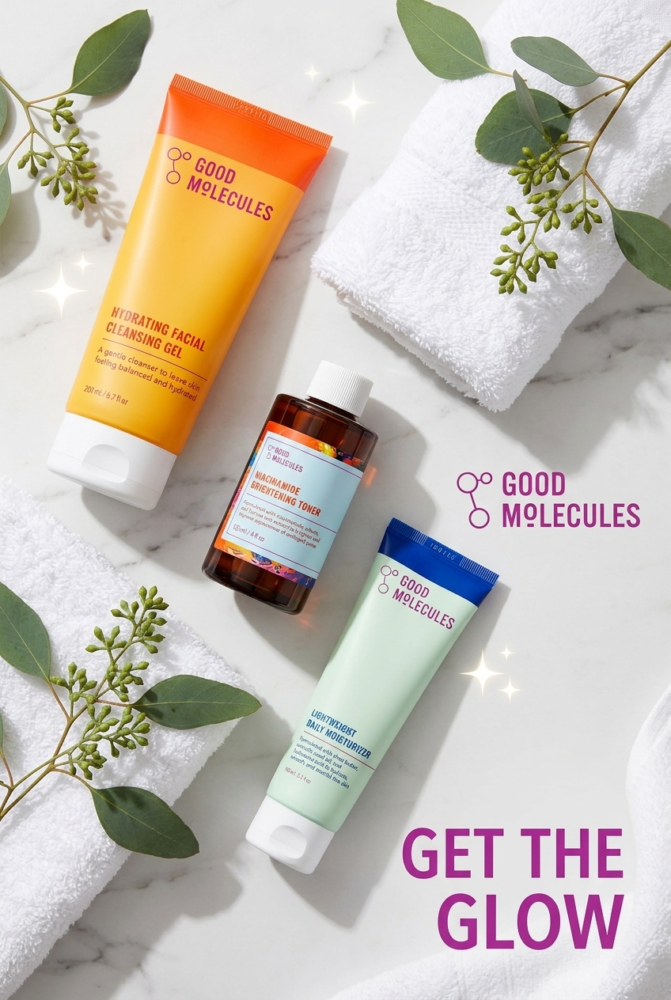 Good Molecules 3-step skincare routine featuring a hydrating cleanser, niacinamide brightening toner, and lightweight daily moisturizer arranged on a marble surface with eucalyptus leaves.