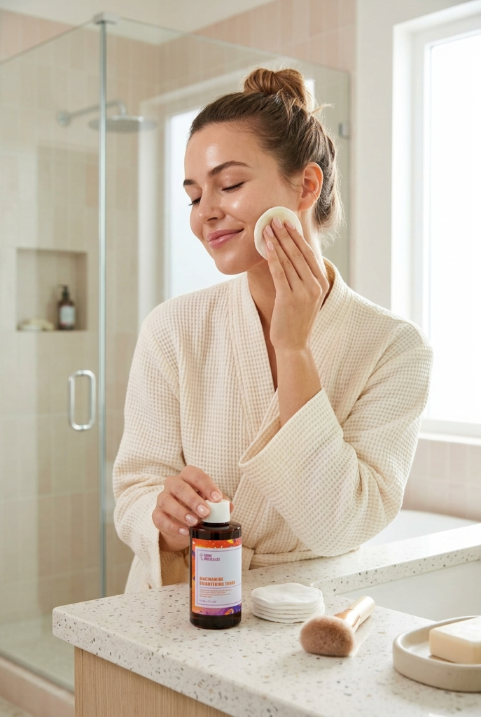 Woman applying Good Molecules Niacinamide Brightening Toner with a cotton pad during a skincare routine, helping improve skin tone, texture, and overall radiance.