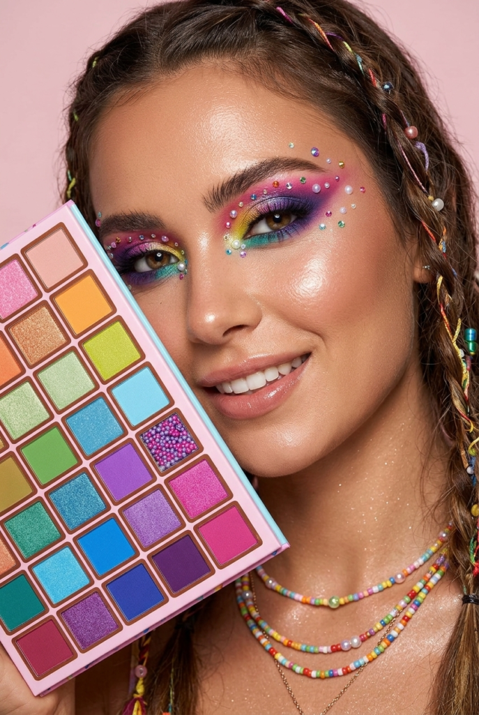Woman holding the Cloudy With a Chance of Sprinkles palette while wearing a soft pastel eye makeup look that demonstrates beginner-friendly colorful makeup.