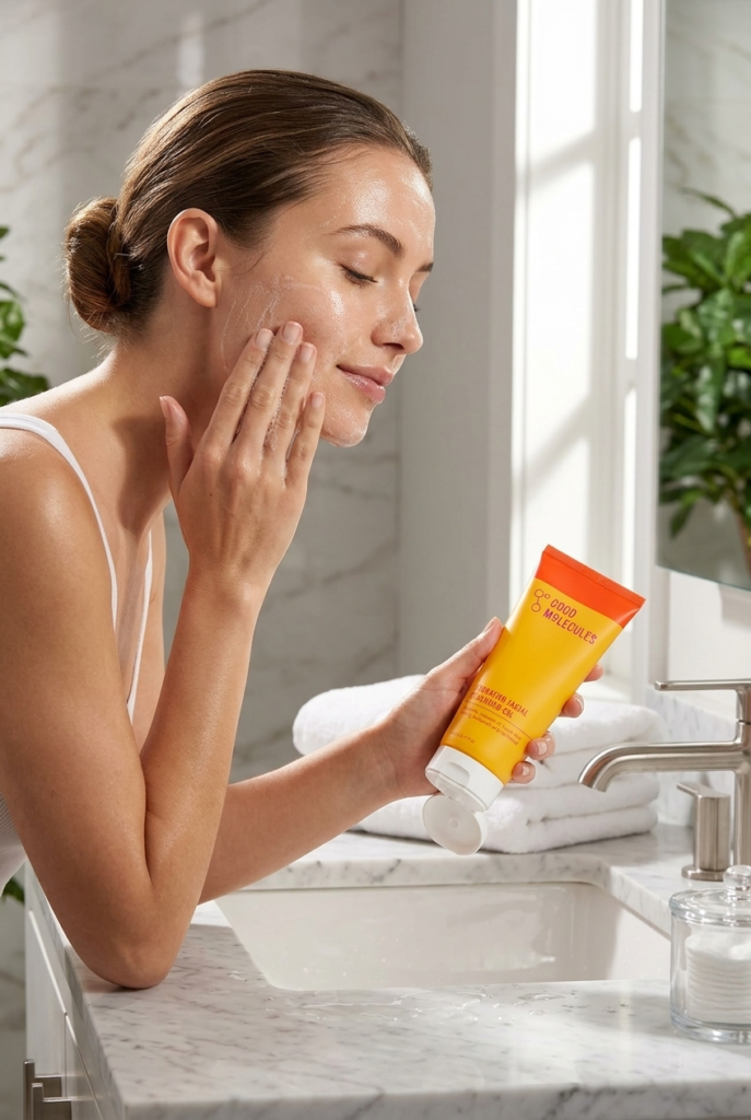 Woman using Good Molecules Hydrating Facial Cleansing Gel during her morning skincare routine in a bright bathroom, gently cleansing her face for healthy, refreshed skin.