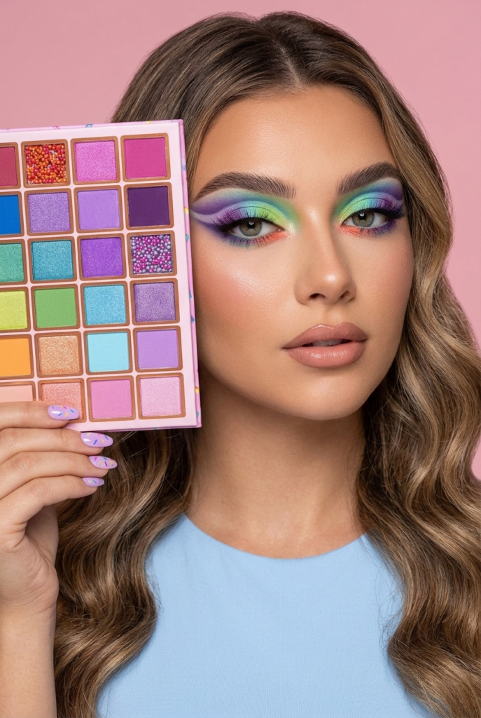 Beauty content creator holding the Cloudy With a Chance of Sprinkles palette while showcasing a bold multicolored eye makeup look perfect for social media beauty content.