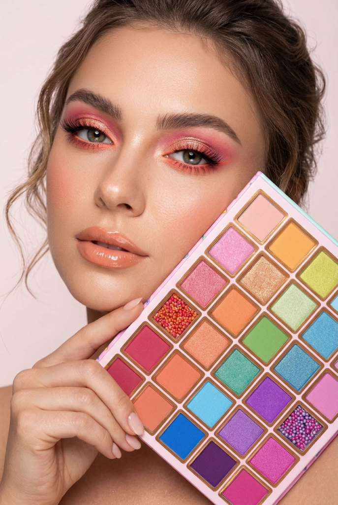 Woman holding the Cloudy With a Chance of Sprinkles eyeshadow palette while wearing a colorful pink and coral eye makeup look designed for beauty lovers seeking creative alternatives to neutral makeup.
