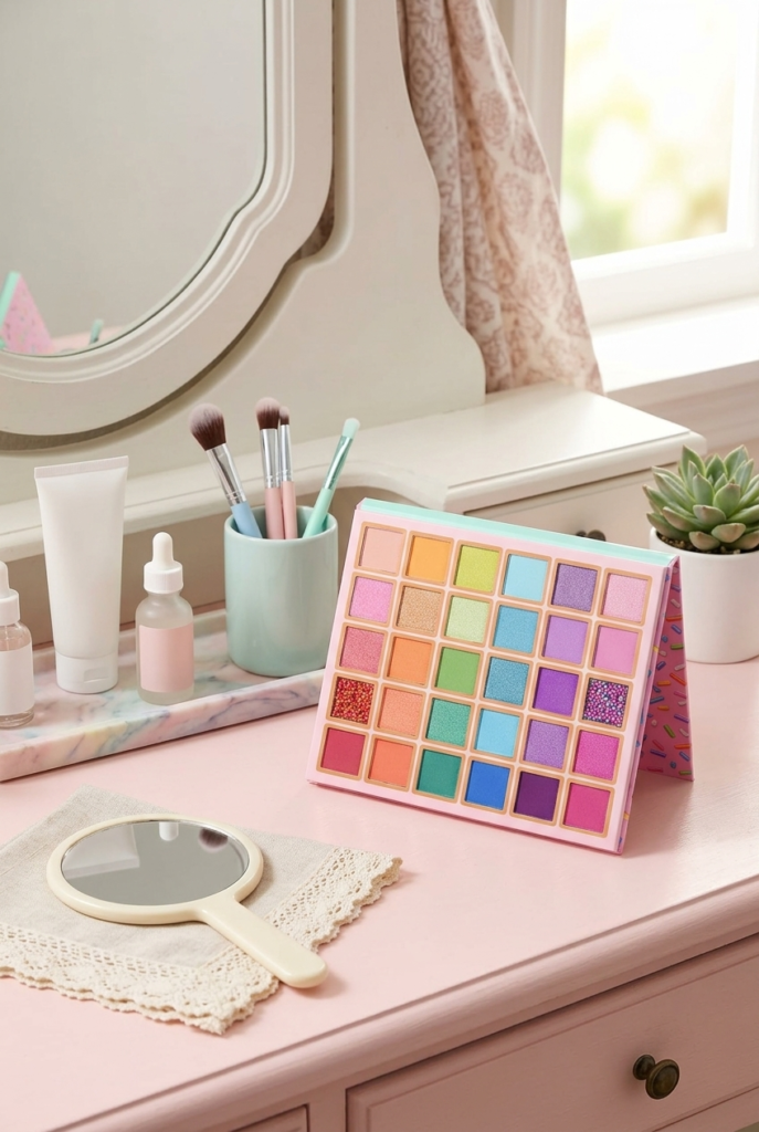 Cloudy With a Chance of Sprinkles eyeshadow palette displayed on a vanity table with beauty accessories, natural lighting, and a feminine makeup workspace aesthetic.