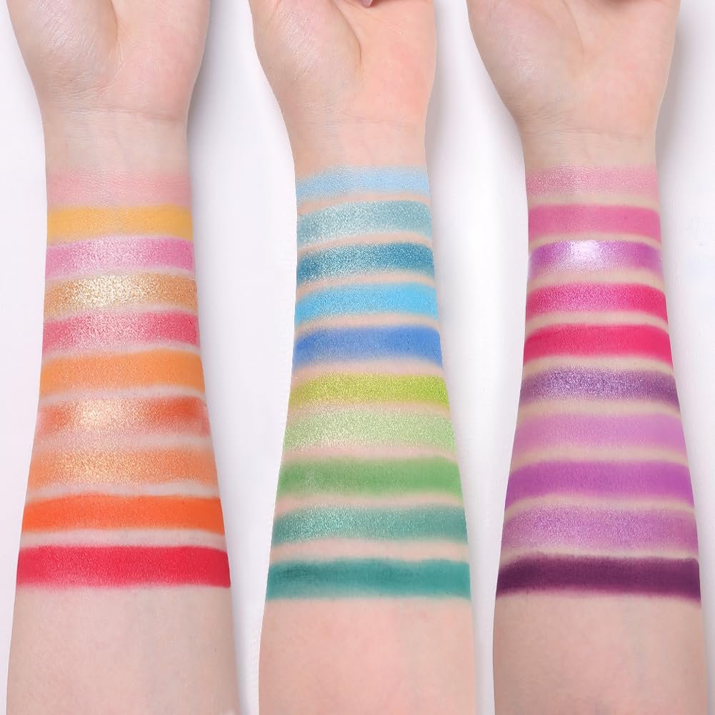 Colorful eyeshadow swatches from the Cloudy With a Chance of Sprinkles palette displayed on an arm, showcasing vibrant pastel and rainbow-inspired shades with high pigmentation.